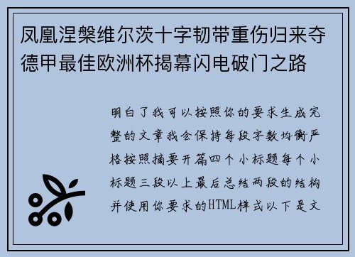 凤凰涅槃维尔茨十字韧带重伤归来夺德甲最佳欧洲杯揭幕闪电破门之路